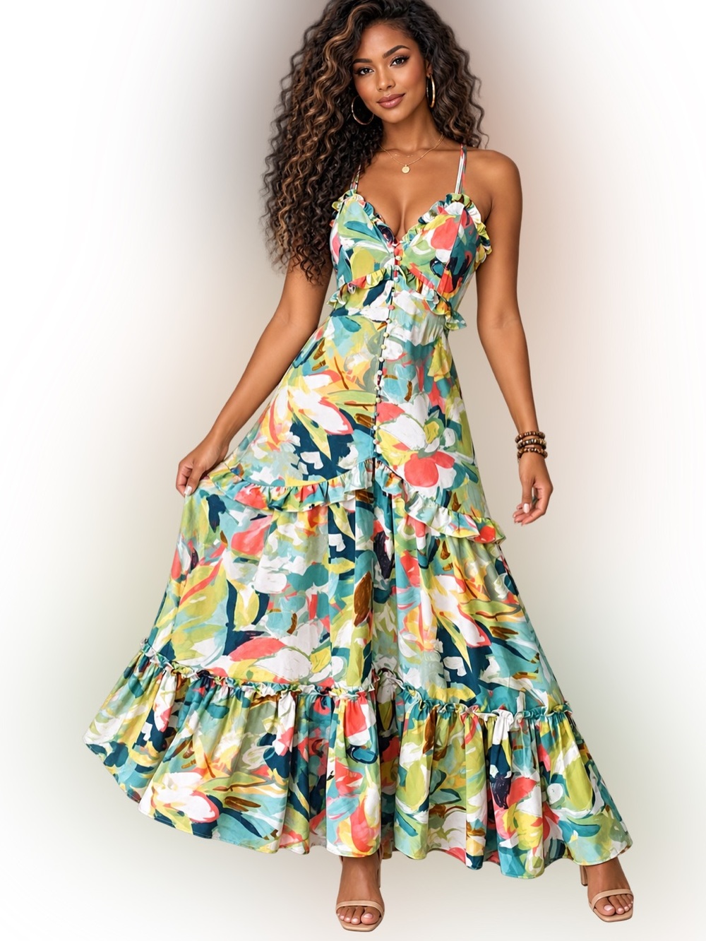 Floral Ruffle Tiered Maxi Dress - Green Multi Ptp 20 length from waist is 33